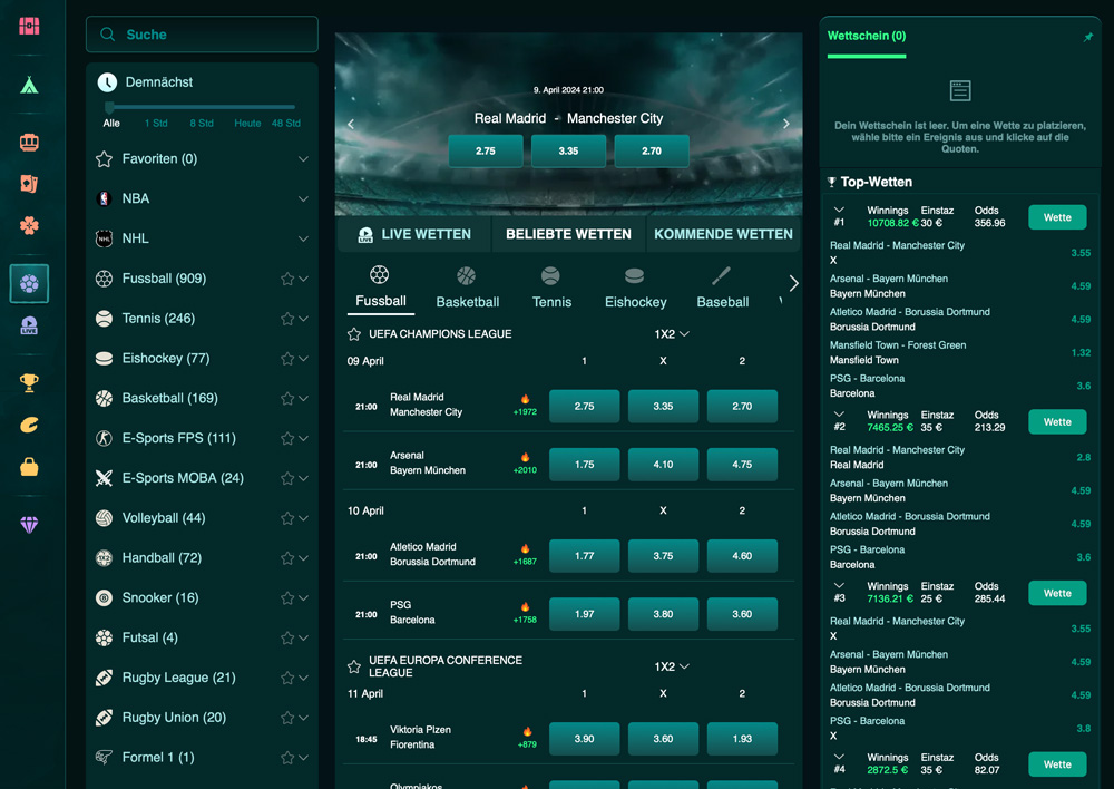 Sportwetten Bereich bei PlayIO