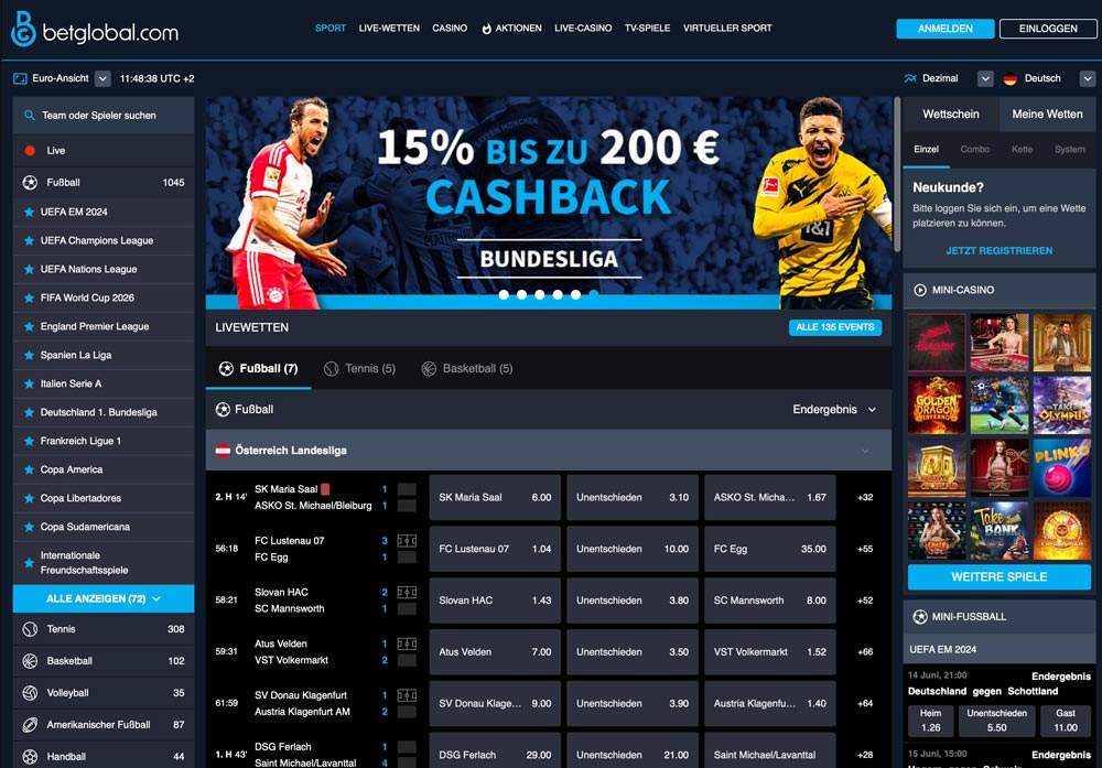 Betglobal Sportwetten Bereich