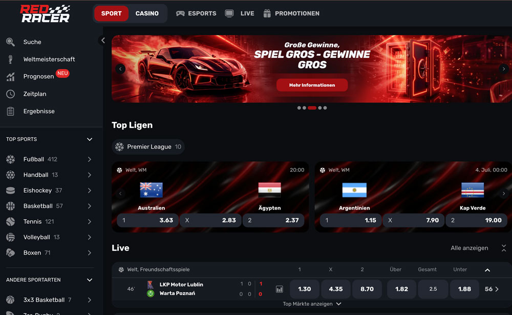 Wettprogramm von RedRacer mit Sportarten-Navigation und laufenden Partien