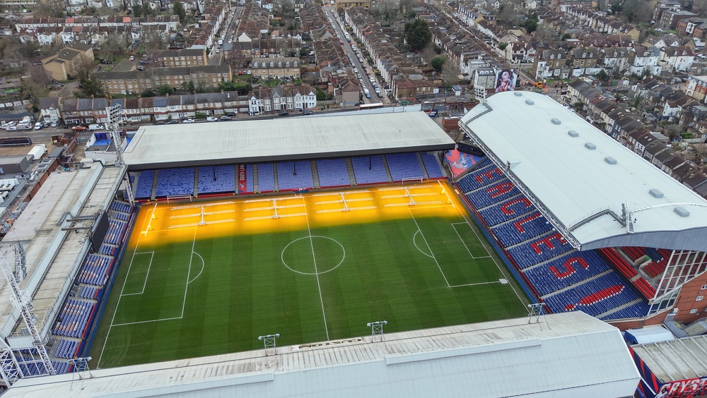 Selhurst Park in London aus der Luft, Schauplatz von Crystal Palace gegen Nottingham Forest
