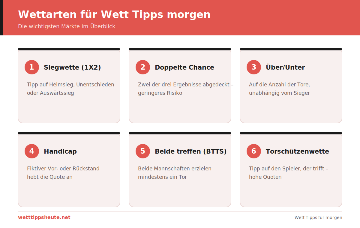 Wettarten für Wett Tipps morgen: Siegwette, Doppelte Chance, Über/Unter, Handicap, BTTS und Torschützenwette