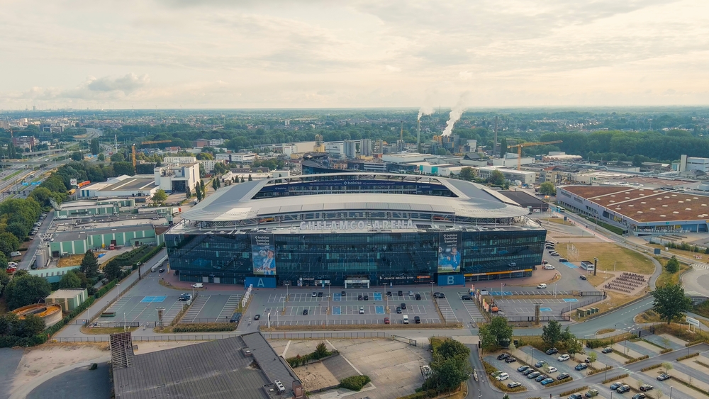 Luftbild der Planet Group Arena in Gent, Spielort von KAA Gent gegen Aarhus GF