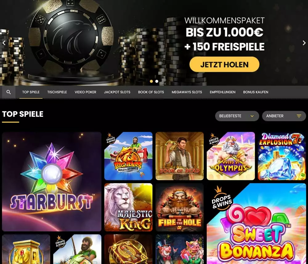 Casino-Bereich mit Kacheln verschiedener Spielautomaten und Tischspiele