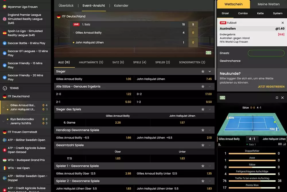Einzelansicht einer Livewette mit laufenden Quoten und Statistikleiste