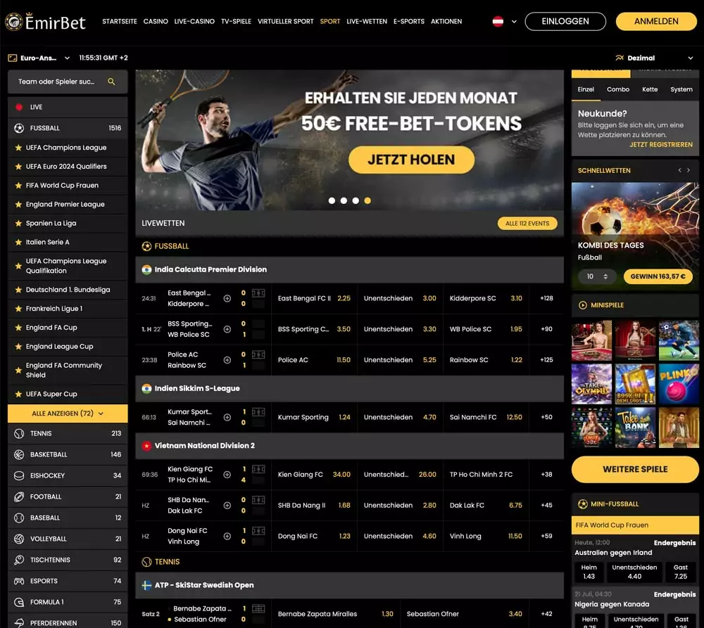 Startseite des Sportwettenportals mit Sportartenliste und Quotenübersicht