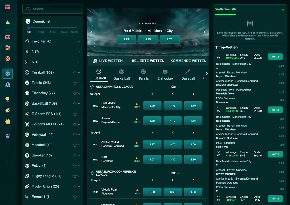 Sportwetten-Bereich mit Ligenauswahl und Quotenübersicht am Bildschirm