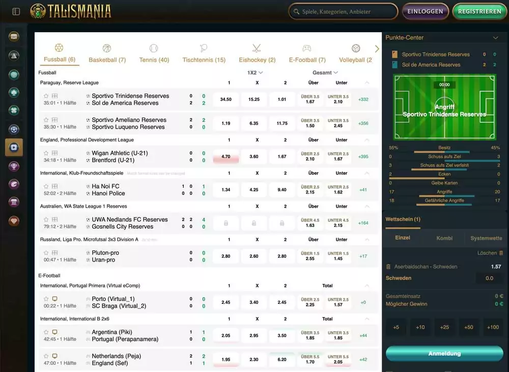 Live-Center von Talismania mit laufenden Partien und Statistikleiste
