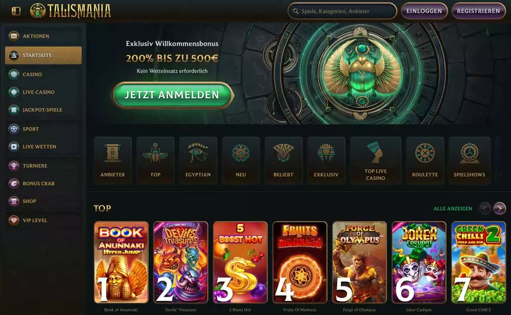 Startseite von Talismania mit Sportwetten-Navigation und Top-Events