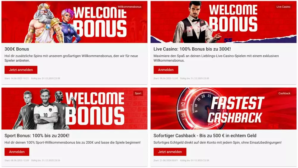 Übersichtsseite mit den Bonusangeboten für Sportwetten und Casino