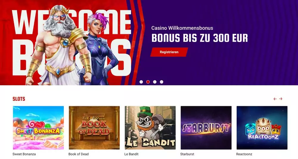 Spielauswahl im Casino-Bereich mit Slots und Live-Tischen