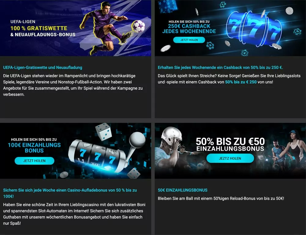 Aktionsseite des Anbieters mit Bonusangeboten für Sportwetten und Casino