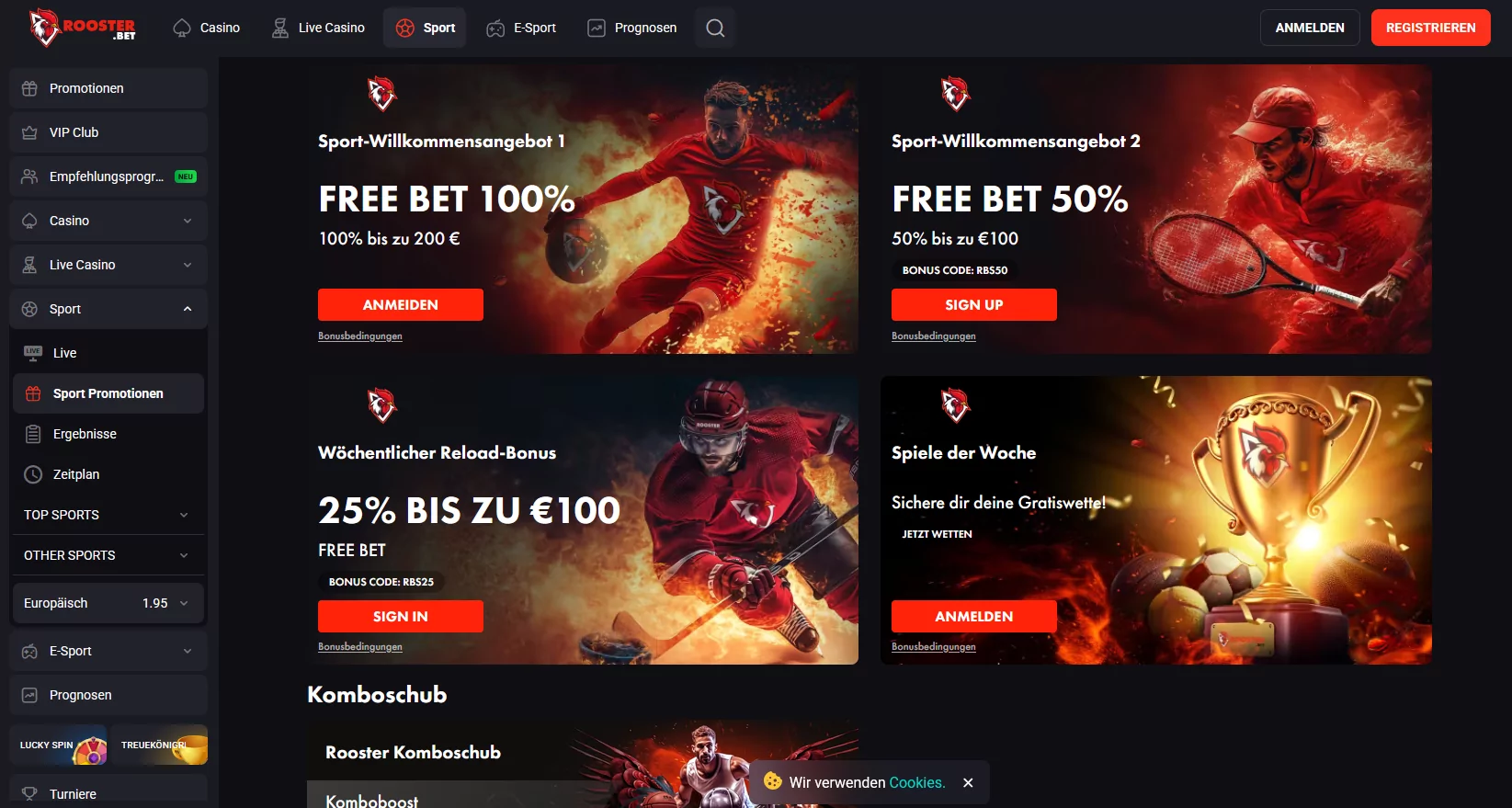 RoosterBet Bonusseite mit FreeBet-Angeboten für Sportwetten