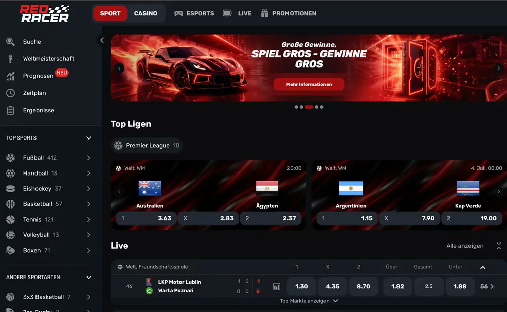 Wettprogramm von RedRacer mit Sportarten-Navigation und laufenden Partien