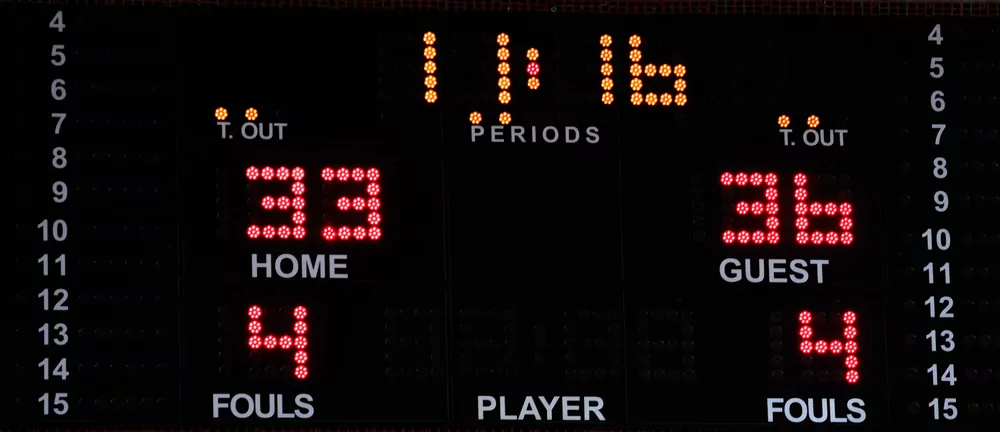 Anzeigetafel mit Punktestand und Fouls beider Teams