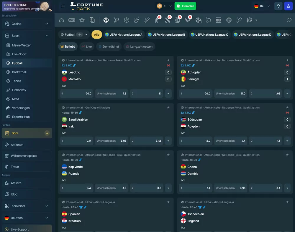 Fußballwetten bei FortuneJack mit Neteller und SEPA Instant Banking