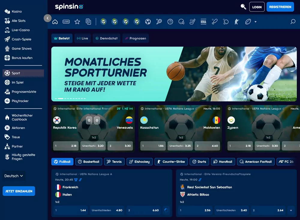 Spinsino Sportwetten und Sportarten