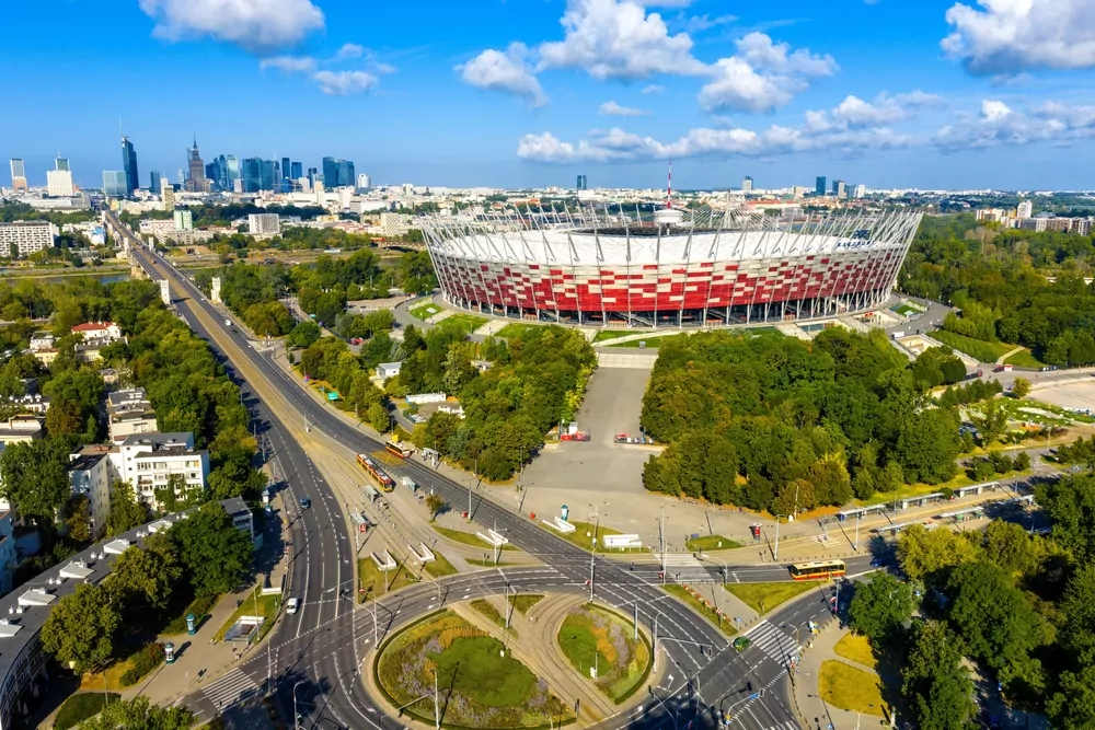 Warschau mit dem Stadion Narodowy, Spielort von Polen gegen Rumänien